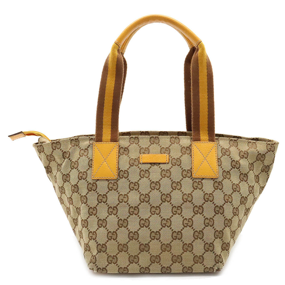 Gucci GG Canvas Sherry Tote Bag Handbag Leather Beige Brown Cream Yellow Brown